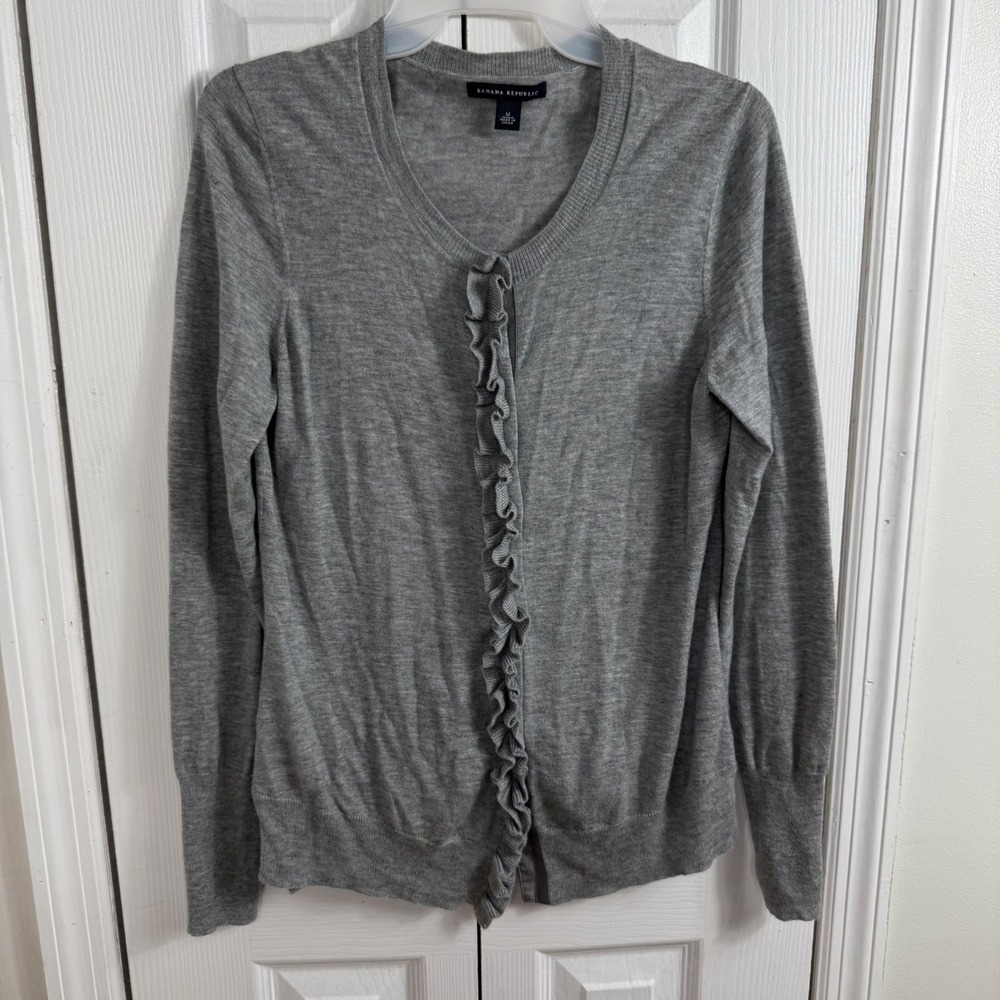 Banana Republic Ruffle Cardigan M Grey Lambswool Blend Coquette Office Siren